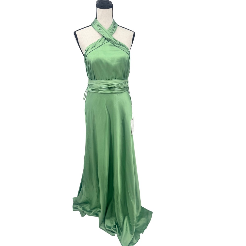 Mac Duggal Gown Women 8 Sage Green Halter Neck Satin Maxi Dress 49728